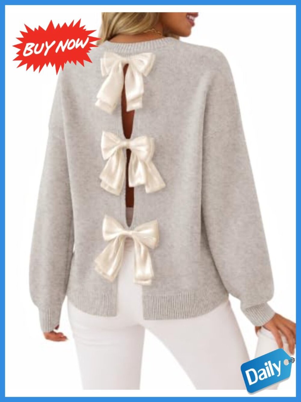 Oversized Bow Back Open Back Sweater Pullover Crew Neck Long Sleeve